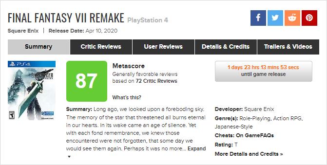 파이널 판타지 7 메타스코어