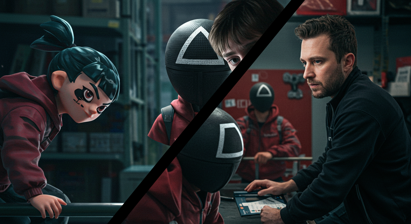 오징어 게임과 현실 사회의 경쟁을 상징하는 이미지