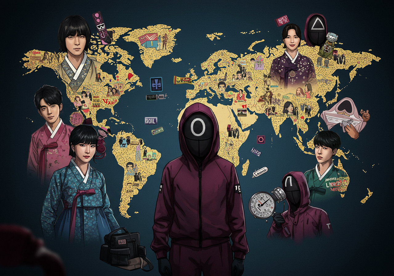 한류와 오징어 게임의 글로벌 영향력을 나타내는 이미지